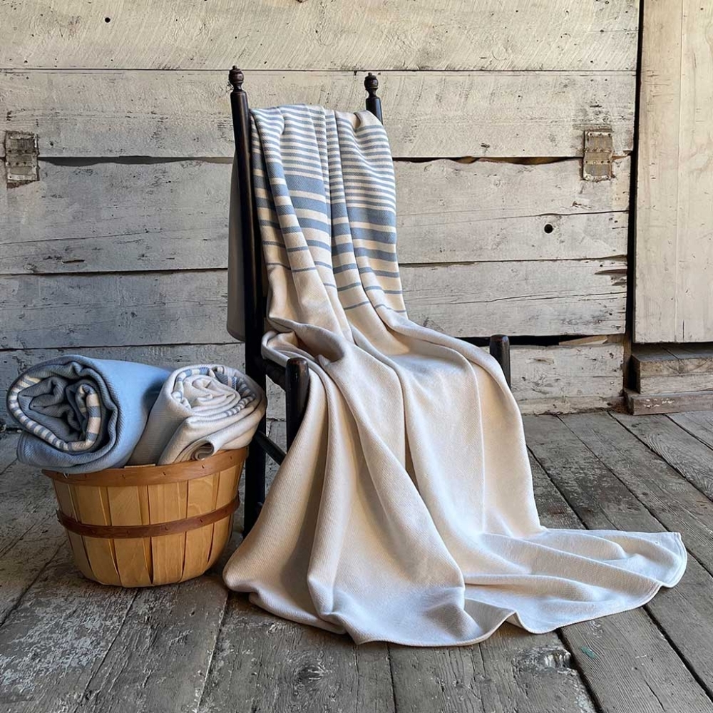Swans Island Cotton Penobscot Throw – White with Wedgwood Stripes NEW
